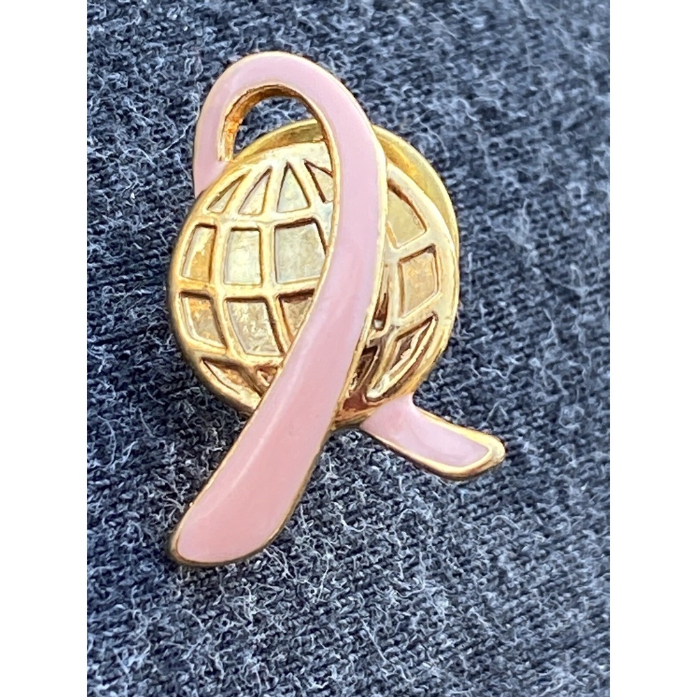 Vintage Avon SP Gold Tone Globe Pink Ribbon Cancer Awareness Lapel Pin Enamel